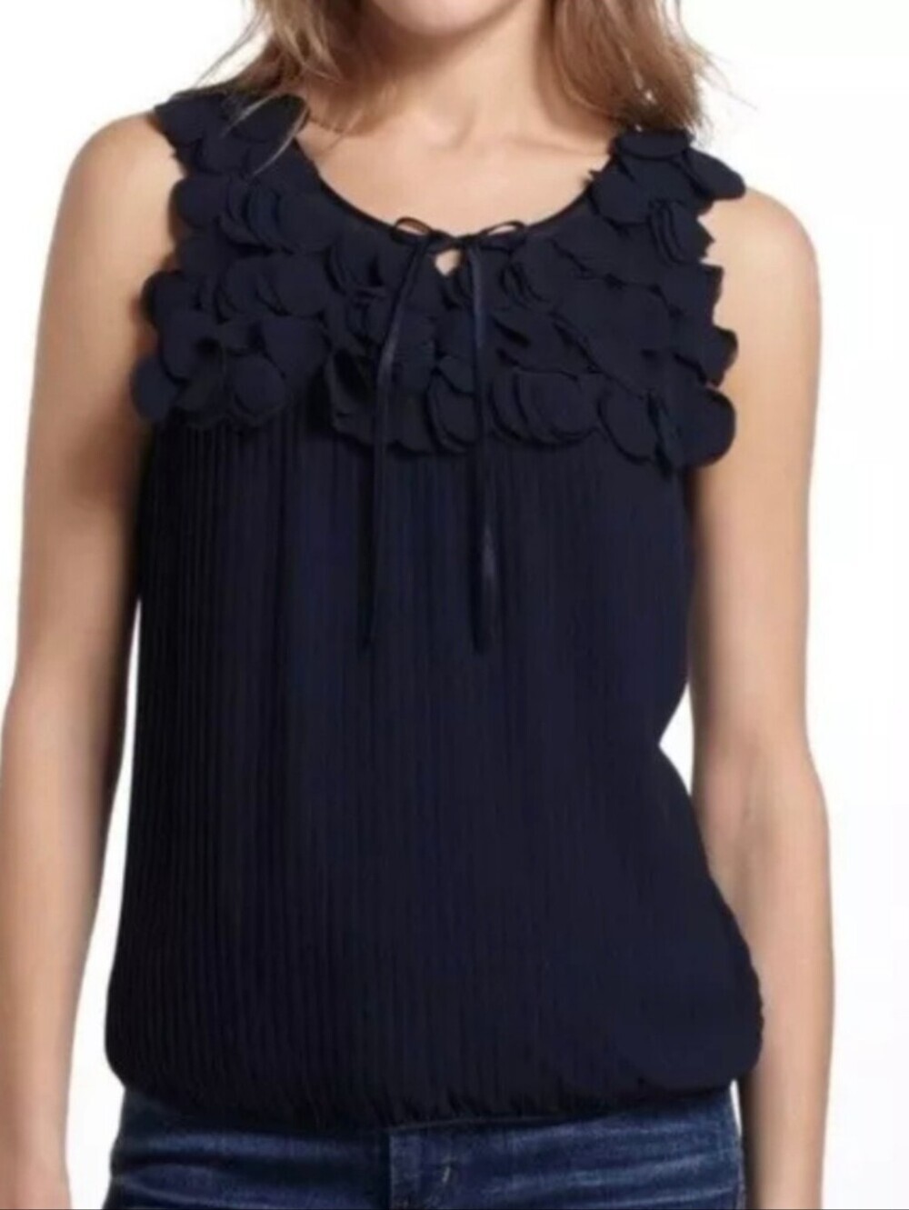 Leifnotes For Anthropologie Women’s Navy Pleated  Chiffon Top with Petal Yoke